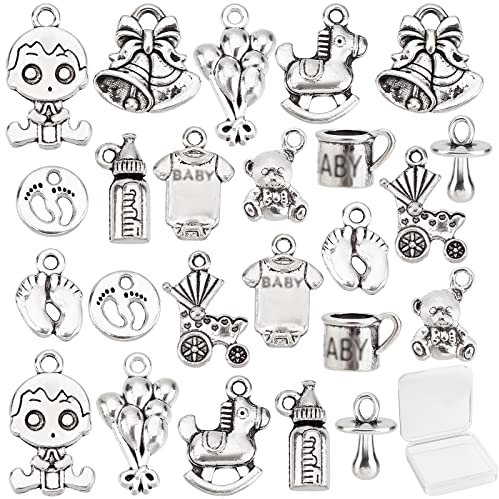 SUNNYCLUE 1 Box 72 Stück 12 Stil Fußabdruck Charms Bulk Onesie Overall Stoff Bär Pferd Tibetischen Stil Legierung Anhänger Geburt Taufgeschenke Für Schmuckherstellung Charms DIY Ohrringe Armband