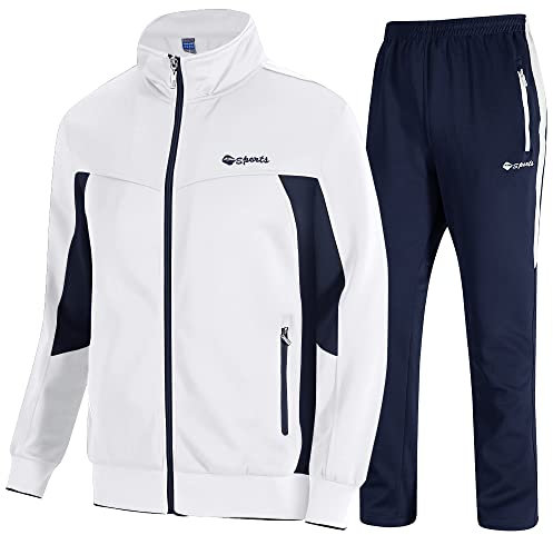 donhobo Trainingsanzug für Herren Sportanzug 2 Teiliges Outfit Sport Set Fitness Sporthose und Trainingsjacke Freizeitanzug Männer Jogginganzug (02weiß Marine, M)