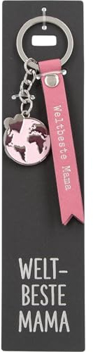 Depesche 11807-037 Vergiss mich nicht Schlüsselanhänger, gezacktes Schildchen aus Leder mit Weltbeste Mama, Pink, inkl. Metallanhänger im Globus-Form mit Emaille