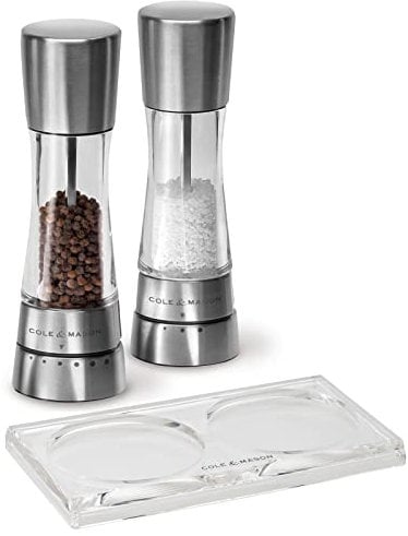 Cole & Mason 3-tlg. Edelstahl Salz- und Pfeffermühlen Set 19 cm - Acrylglas Gehäuse mit Tablett für gleichmäßiges Mahlen & stilvolle Präsentation
