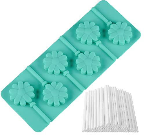 WishesMar Silikonform für Cake Pops Lollis Form einer Blume Flexible Backform für Lutscher Herstellen - Antihaft Küche Silikon Form mit 50 Sticks für Schokoladen, Bonbons, Pralinen, Lollipop