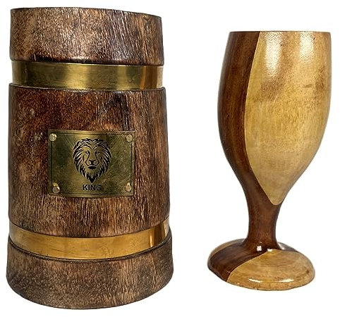 collectiblesBuy Bierkrug Kombi-Set, handgefertigt, aus natürlichem Holz, Kelch und Becher, antikes Löwenkönig-Logo, Messingfass, Retro-Braun