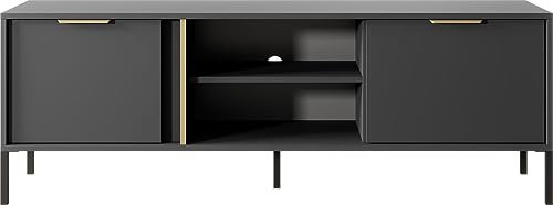 WFL GROUP Elegant Anthrazit Fernsehtische - Modern RTV - Schrank 150 200 cm - Skandinavisch Schrank mit goldenen Griffen - NOX Set - mit Hohe Schwarze Metallfüße - 153 x 40 cm - TV - Schrank 150
