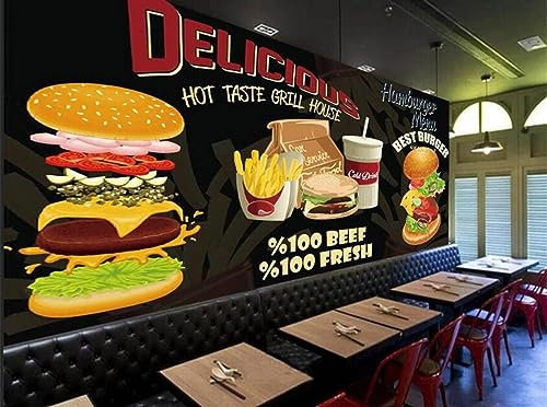 Papier Peint Salon 3D Hamburgers Personnalisés Burgers Papier Peint Western Fast Food Restaurant Fond Noir Papier Peint Mural Snack Bar 3D-140Cmx100Cm