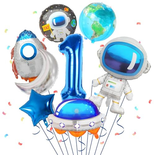 1. Geburtstag Junge, Geburtstagsdeko 1 Jahre Junge, 8 Stück Weltraum-Ballons Astronauten Raketen Ballon Raumschiff Ballon für Jungen Kindergeburtstag Dekorationen Universum Party Babyparty Zubehör