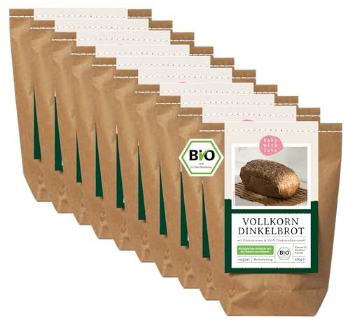 Bio Dinkelvollkornbrot Backmischung - Brotbackmischung Vollkorn für Dinkelbrot und Körnerbrot Brotbackautomat geeignet - Bake with Love - (10er Pack)