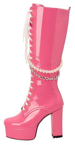 Tinta unita Punta Quadrata Spessi Tacchi Alti Piattaforma In Pelle Lucida Stivali Da Donna Stringati Catena Di Perle Negozio Di Moda Stivali Alti Alti Coscia Stivali in Pelle per, rosa, 38.5 EU