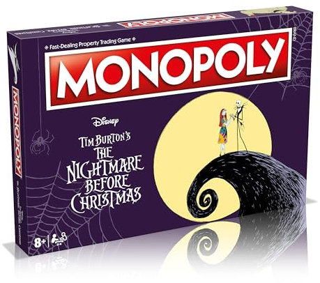 Winning Moves, Nightmare Before Christmas Monopoly Advance to Zero’s Tomb, Spiral Hill, Dr. Finkelstein’s Laboratory, Jack’s Tower and trade your way to success, makes great gift for ages 8 plus
