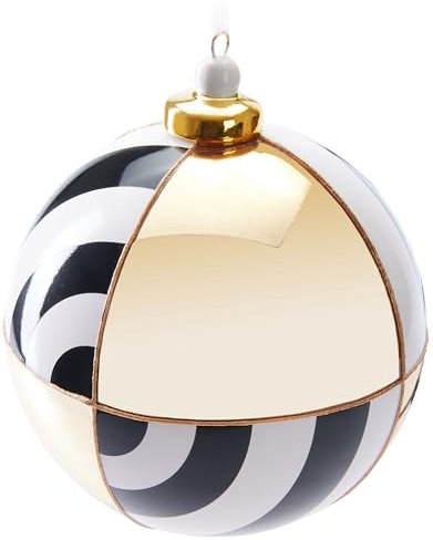 BRUBAKER Premium Weihnachtskugel mit Kreis Muster - Gold, Schwarz und Weiß - 10 cm Baumkugel aus Glas mit Porzellan Topper - Hergestellt in Handarbeit - Christbaumschmuck Christbaumkugel