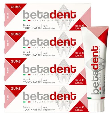 Betadent Set mit 4 Zahnbürsten GUMS für empfindliches, entzündetes und gereiztes Zahnfleisch. Repariert und schützt. Anti-Plaque und antibakteriell. Sanfte Formel, nicht scheuernd. 4 x 100 ml