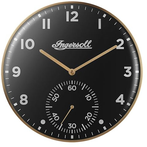 Ingersoll Analoge Wanduhr, leicht ablesbar, 30 cm Durchmesser in goldfarbenem Gehäuse mit schwarzem Zifferblatt