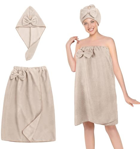 Oemmn 2 Pezzi Kilt da Sauna Roma per Donna con Cuffia da Doccia in Spugna, Alta Qualità, Vestibilità Ideale, Antiscivolo