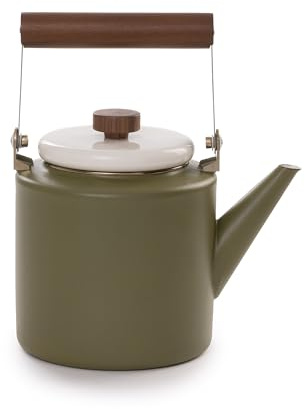 Barebones Zweifarbige Emaille-Teekanne – Vintage-inspiriertes Design – eingebrannter Edelstahlrand – FSC-zertifizierter natürlicher Walnuss-Griff – 1,5 Liter, 6 Tassen (Olive Drab)