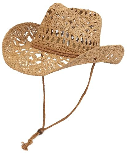 Melesh Straw Cowboy Hat for Women and Men with Shapeable Wide Brim Sun Beach Western Cowgirl Hat, Khaki, One Size