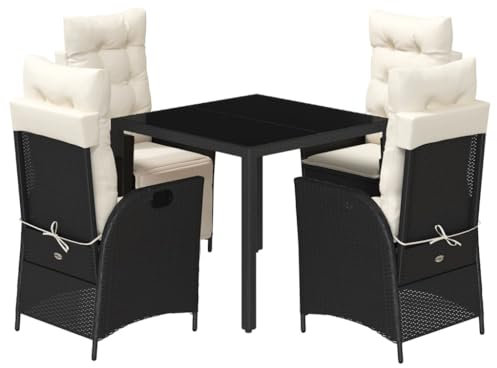 vidaXL Garten Essgruppe 5-TLG., Gartenmöbel Set Tisch mit 4 Stühle, Gartengarnitur mit Kissen, Sitzgruppe Essgarnitur Terrasse, Schwarz Poly Rattan