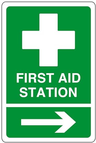 Segnale di sicurezza per stazione di primo soccorso, freccia destra, cartello DAE, kit di pronto soccorso, adesivo autoadesivo ad alta adesività (200 mm x 150 mm), distanza di visualizzazione entro 5