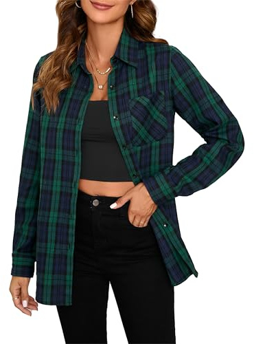 Stamain Camisa a cuadros de manga larga para mujer, camisa de franela, blusa a cuadros, camisa informal, corte regular, Azul Verde -1, L