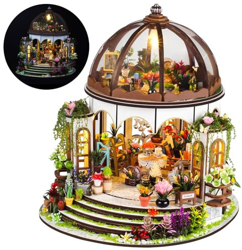 DIY Holz Gewächshaus Miniatur Kit, Miniatur Gartenhaus DIY mit Möbeln & LED, Kreatives Bauset für Erwachsene, Modellbausatz für Erwachsene, Kinder (Hanging Garden)