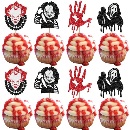 SYKYCTCY 24 Pack Halloween Cupcake Toppers Glitter Scary Killer Cupcake Picks Knife Bloody Cupcake Decorations for Happy Halloween Theme Kids Birthday Party Cake Decorations Supplies