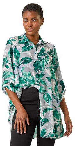 Roman Originals Shirt for Women Ladies Cotton Blouse Button Through Tunic Printed Top Work Long Sleeve Smart Casual Going Out Work Office V Neck Everyday Evening Event - Green & Ivory - Size 16