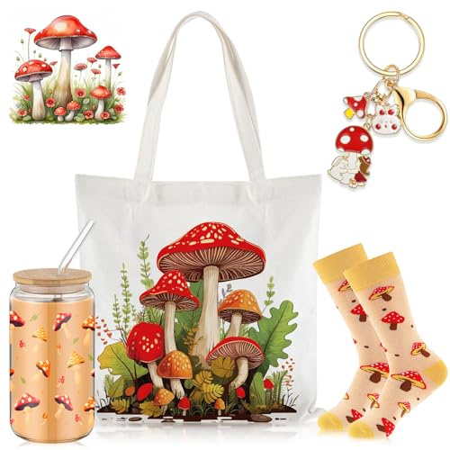 Paterr 4 Pcs Mushroom Gifts for Women Mushroom Lover Gift for Mother's Day Birthday Decorations, with Canvas Tote Bag 16oz Glass Coffee Cup with Straw Socks Cute Keychain