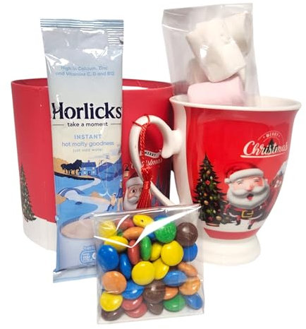 Festive Mug with lid and spoon, Horlicks Hot Chocolate, Marshmallows,