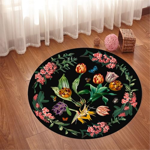 Highdi Tapis Rond de Style Chinois 80/90/100/120cm Tapis de Salon de Floral Shaggy Tapis Chambre Motif Vigne Tapis Poils Ras Antidérapant Fluffy Tapis pour Tapis de Rugs Chambre (Fleurs,120cm)