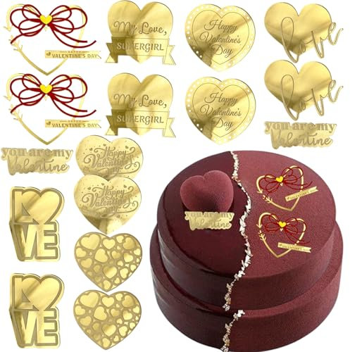 16 Pcs Love Heart Cupcake Toppers Valentine's Day Gold Acrylic Heart Bow Cake Decoration Disc Mirror Cake Topper Engraved Topper for Birthday Anniversary Engagement Wedding Party Supplies