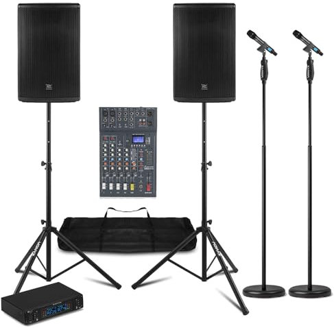 Power Dynamics Professional PA System with Wireless Microphone, PD412A 12 1400W Active Speakers, DSP, Bluetooth 6-Channel Mixer, UHF Dual Mic for Singer, Live Band & Events