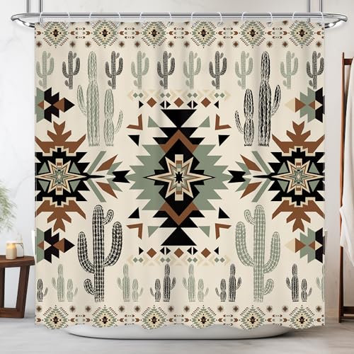 Newsely Duschvorhang 183x183cm (BxH) Azteken Abstrakt Vintage Südwestlicher Kaktus Boho Tribal Geometrisch Ethnisch Wasserdicht Dekoration Zubehör