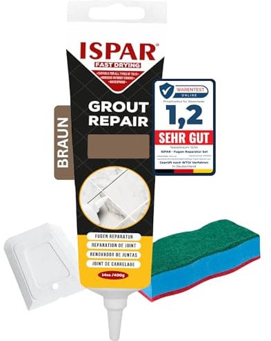 ISPAR Mortero marrón de 400 g, listo para usar para azulejos con espátula y esponja, reparación de juntas en el baño y la cocina, inodoro y secado rápido