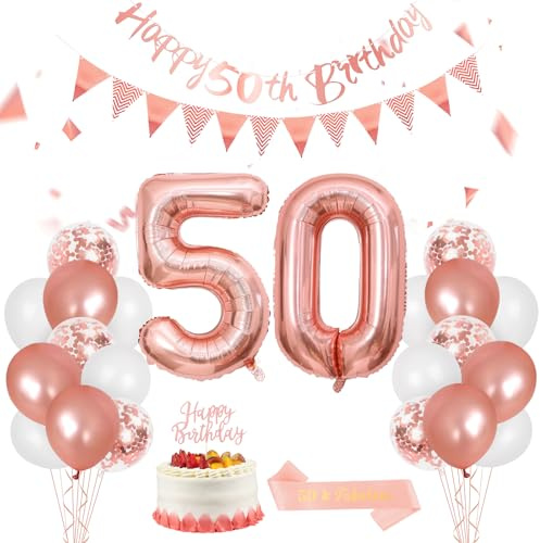 50th Birthday Decorations for Women, Rose Gold White Balloons Decoration, Happy 50th Birthday Banner, Number 50 Foil Balloon, Sash, Cake Topper for 50 Party Decor