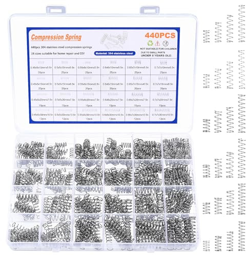 440 Stk Edelstahl Druckfedern Sortiment Set, Feder Zugfedern Sortiment Set, Spannfedern Spiralfedern Metallfeder Sprungfeder Stahlfedern für Werkzeuge Geräte Auto Compression Springs(24 Größen)