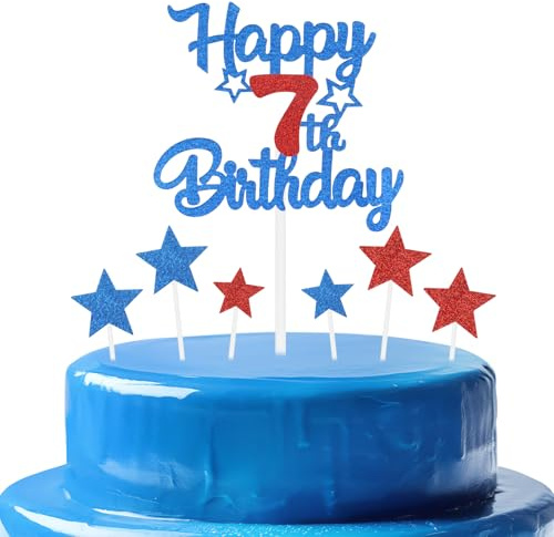 mciskin Royal Blue and Red 7th Birthday Decorations for Boy,Personalised Cake/Cupcake Toppers with Star,Glitter Royal Blue & Red Happy 7th Birthday Toppers for Girls Boys Kits Party Favor Supplies