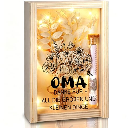 Geldgeschenk Geschenkbox für Oma, Holz Geldgeschenk Geschenkbox, Danke Oma Geschenk inklusive Trockenblumen, Holzbox, Reagenzglas, Lichterketten, Muttertagsgeschenk, Geburtstagsgeschenk