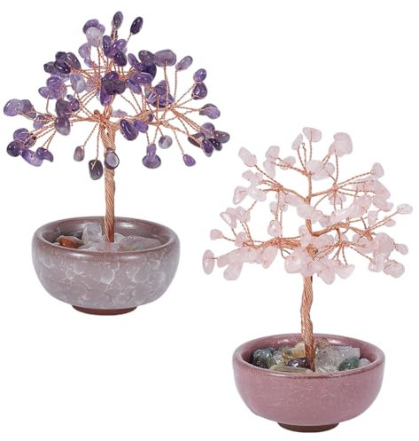 OLYCRAFT 2Pcs arbre décorations avec Base en céramique améthyste et Quartz Rose cristaux faits à la main arbre Feng Shui bureau argent arbres pour la bonne chance décor bureau à la maison