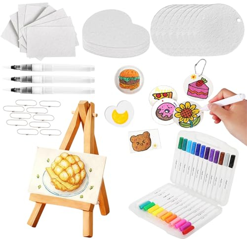 Eidoct Magic Puffy Paint, 3D Magic Foam Texture Painting Kit 62 Pcs, with 24 Canvas Sponge, 24 Colored Pens, 3 Water Pens, 10 Bead Chain and 1 Mini Easel DIY Bubble Drawing Pens Art Supplies