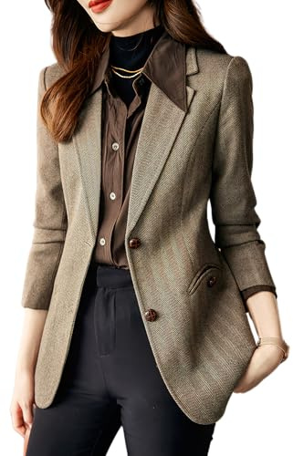 Suncadmious Blazer à carreaux à revers crantés pour femme mode printemps/automne manches longues classique boutonnage simple coupe slim en laine