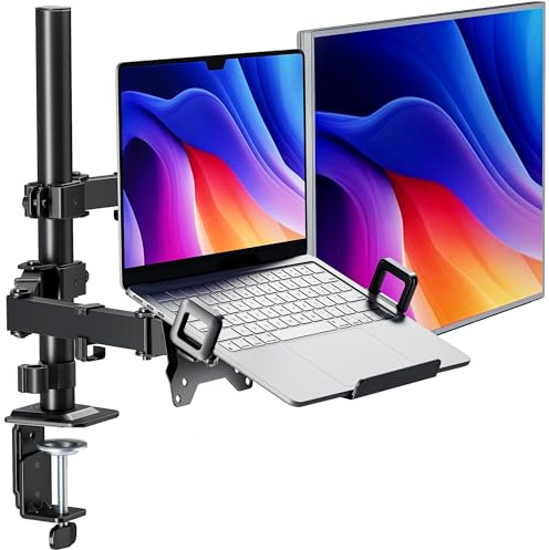 monTEK 2-in-1 Monitor Halterung für17-32 Zoll Monitor und 12-17 Zoll Laptop | Höhenverstellbarer Schreibtischständer mit Laptop-Halter, Max. 10KG, C-Klemme & Grommet-Befestigung