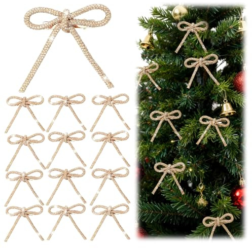 Wsndyjia 12Pcs Gold Bow Ornaments, Bow Christmas Decorations for Xmas Tree, Glitter Wreaths Bows for Home Christmas Party, Bowknot Ribbon Christmas Decorations for Presents Box
