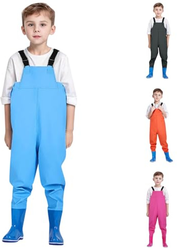 Generisch Wathose Kinder mit Stiefel Wasserdicht rutschfest, Outdoor Anglerhose Bootfoot Gummi Watstiefel Verstellbar für Jungen Mädchen
