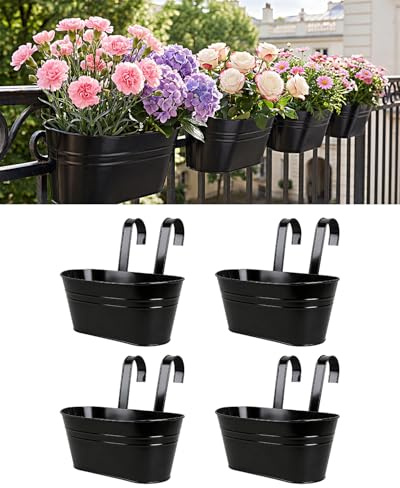 4 Pcs Iron Hanging Flower Pots, Large Metal Iron Hanging Plant Pots for Railing with Detachable Hook, Hanging Flower Bucket Indoor/Outdoor, Fence Hanging Planters for Balcony Garden Home Decor, Black