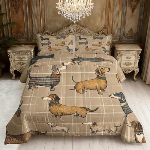 4 Jahreszeiten Bettdecke 135x200 Dackel Muster 2tlg, ohne Bezug, Kariert Dackel Steppdecke, 1 Kissenbezug 80x80, Schlafzimmer Deko Schlafdecke, Weich Warm BZ-US1151