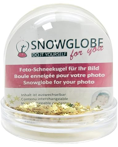 Personalisierbare Schneekugel mit 2 Fotos | Gold Sterne |82 x 94mm|50012 | Sockel transparent | originelles Geschenk | Schüttelkugel Weihnachten, Valentinstag, Geburtstag, Hochzeit