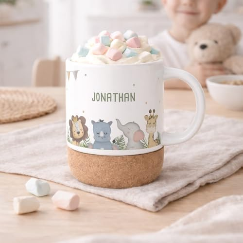 hellomini Personalisierte Tasse mit Korkboden für Kinder, Kindertasse mit Wunschdruck, Kinderbecher mit Namen, Geschenk zum Geburtstag, (Safari)
