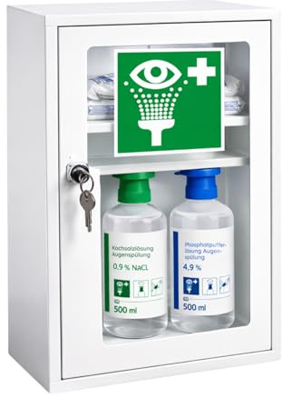 First Aid Products Erste Hilfe Augenspülschrank mit Sichtfenster, 2x Augendusche 500ml: Natriumchlorid- & Phosphatpuffer Lösung & Erste Hilfe Nachfüllset DIN 13157:2021, Metall & pulverbeschichtet