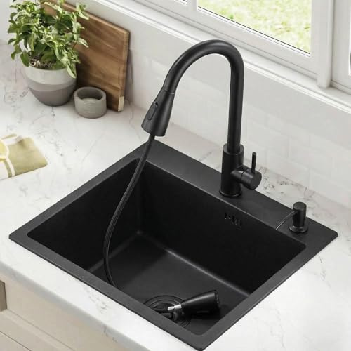 Spüle Spülbecken Edelstahl mit Armatur Schwarz 50 x 45 cm, Einbauspüle Küchenspüle inkl Ausziehbarer Wasserhahn Seifenspender und Ablaufgarnitur