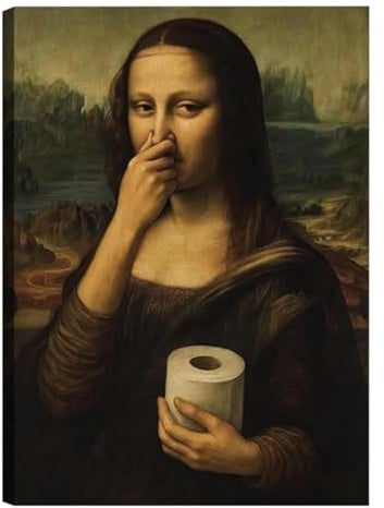 YIPFEN Lustiges Mona Lisa Toilette Bild 40x30 cm, Witzige Monalisa Hält Sich Nase Zu, Ohne Rahmen Kunstdruck, Originelle Wanddeko für Bad & Gäste-WC.