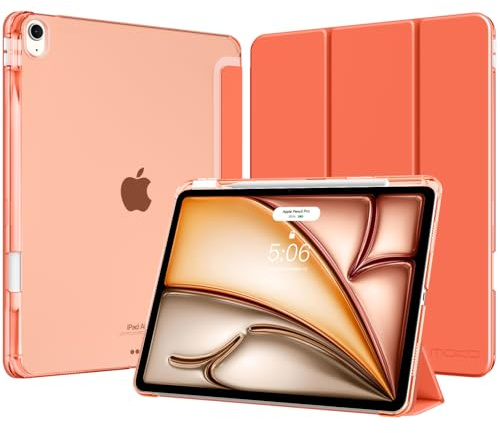 MoKo Funda para iPad Air 13 Pulgadas (M4/M3/M2) con Portalápices | para iPad Air 13 Funda 2026/2025/2024, Delgada con Soporte Trifold Cascara Traslúcida PC, Auto Activación/Reposo, Naranja