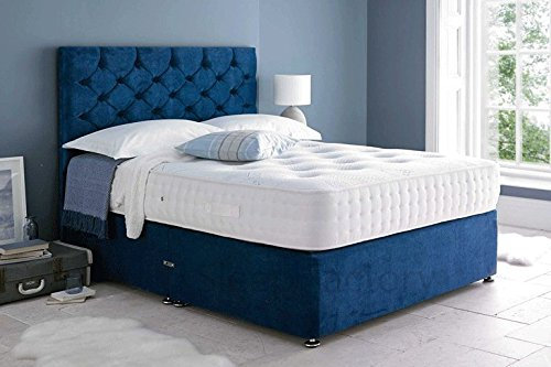 Sleep Factory Ltd Mona Velvet Divan Bed Set With 3000 Organic Pocket Memory Mattress With Headboard and 2 Drawers, 4FT Small Double Blue
